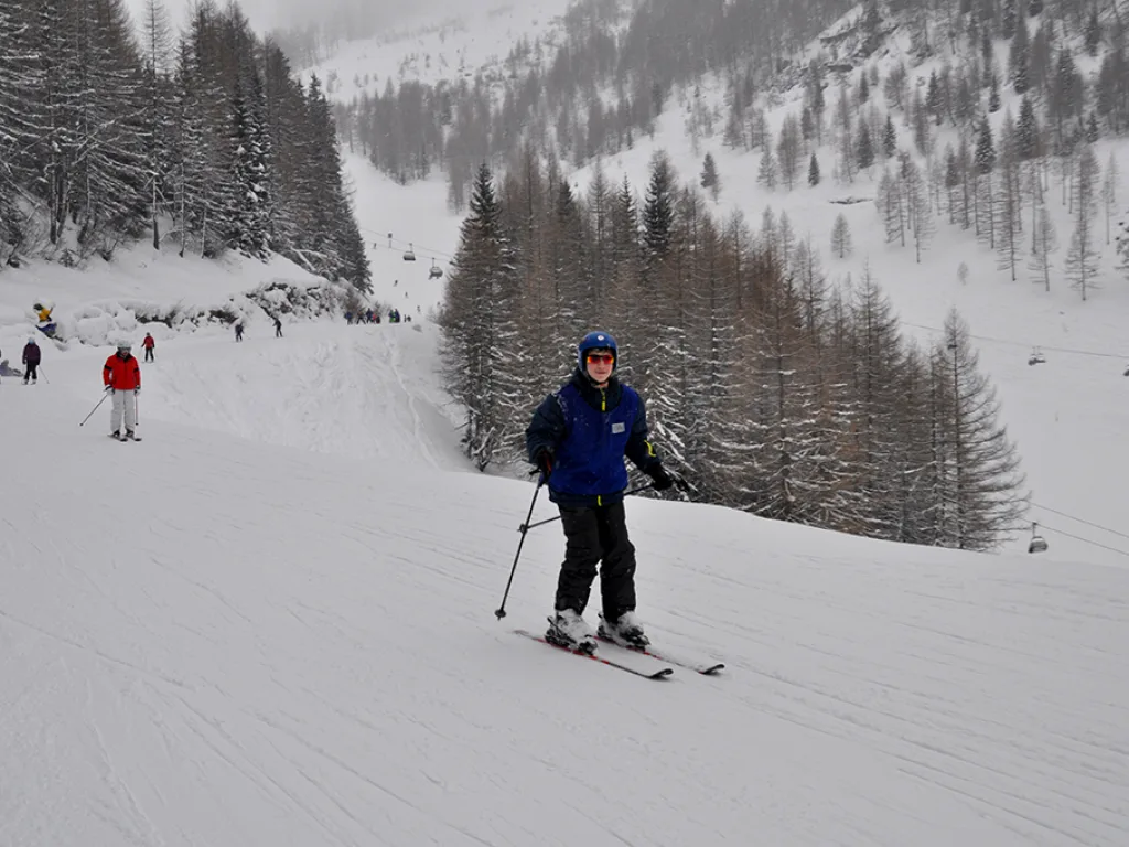 Skifahrer auf einer Waldpiste bei bedecktem Himmel.